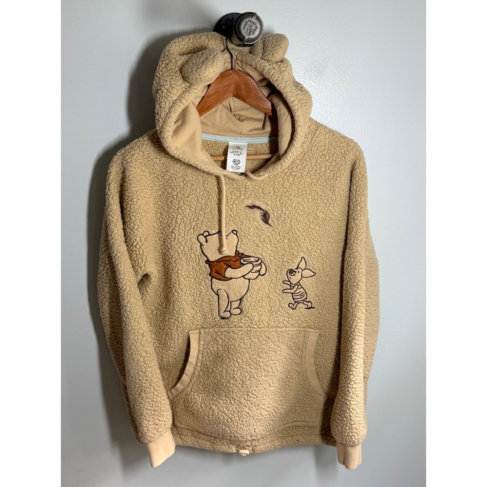Disney Winnie The Pooh Piglet Sherpa Fleece Hoodie Bear Ears Tan Beige Small